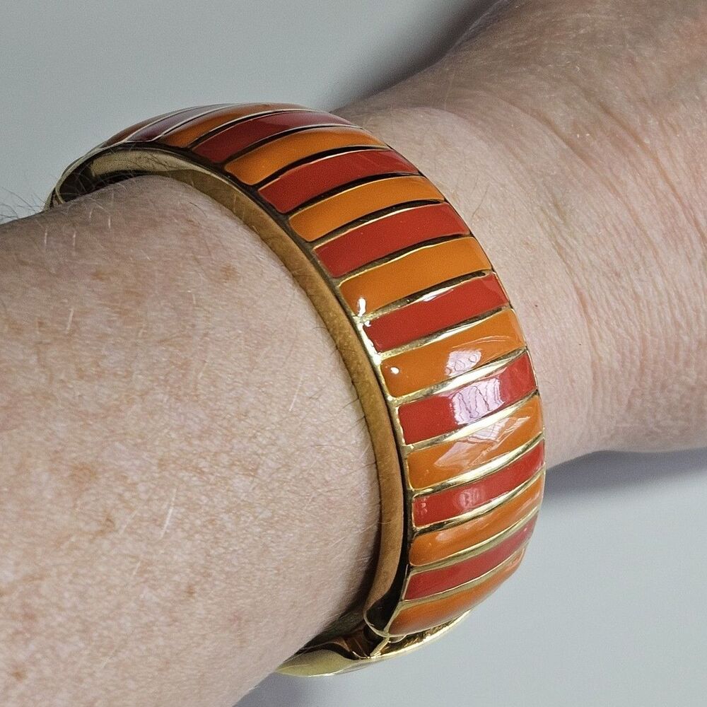 Banana Republic Orange Enamel And Gold Tone Hinged  Bangle Bracelet 6.5" - Picture 5 of 12